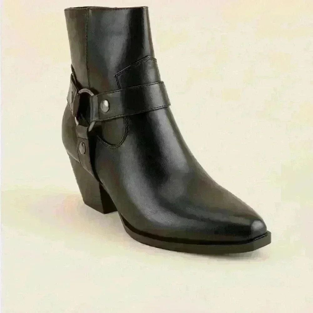Indigo Rd. Western Silver Harness Black Boot Side Zip Heeled Platform Sz 8.5
